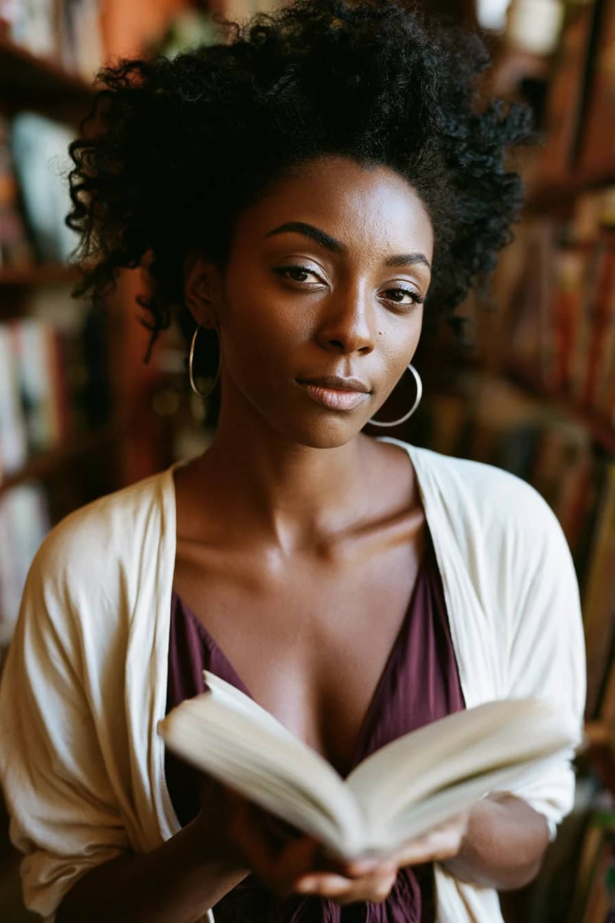 Black reader holding an open novel in a warm independent bookshop.