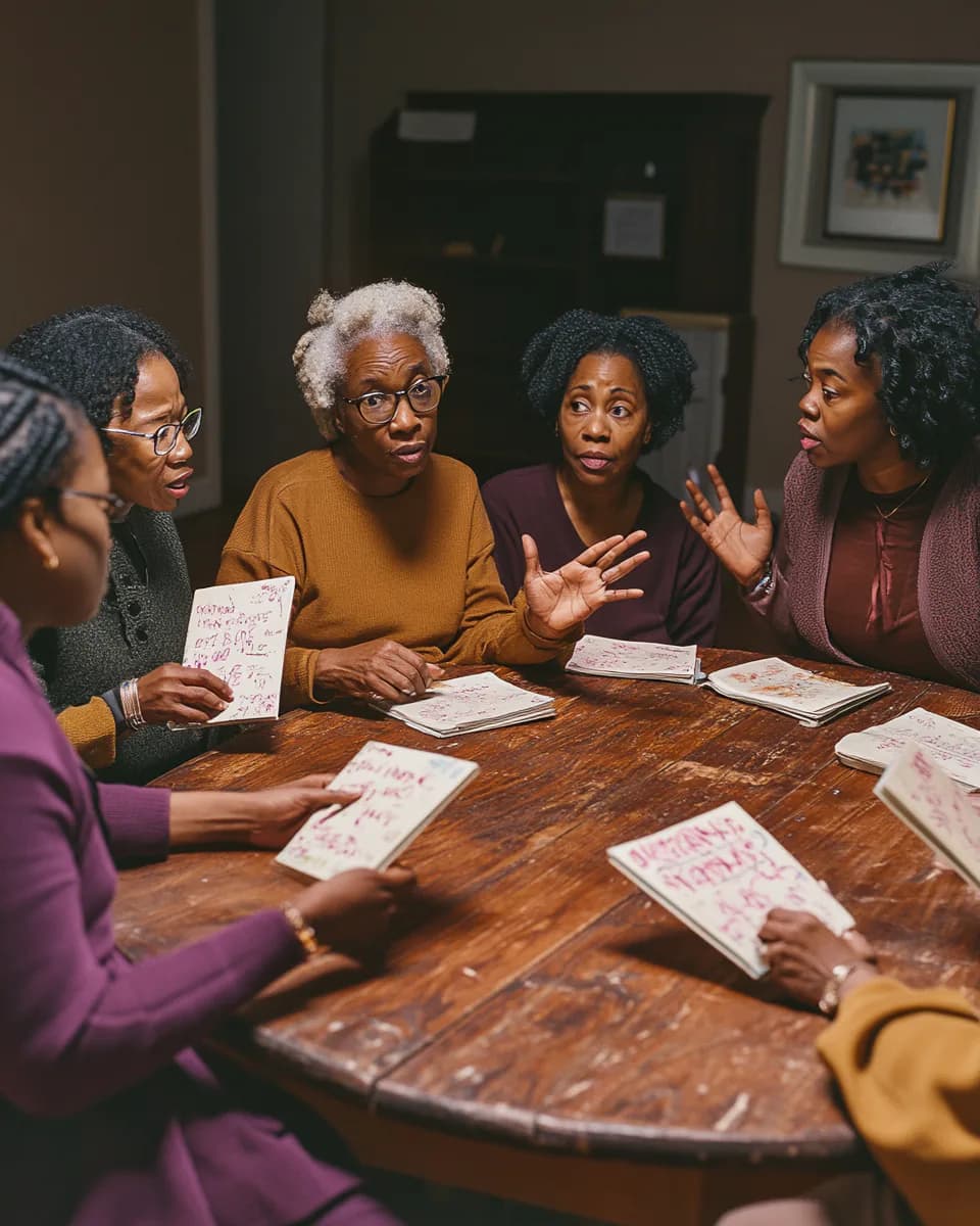 A multigenerational group of Black readers deep in conversation around a book-club table.