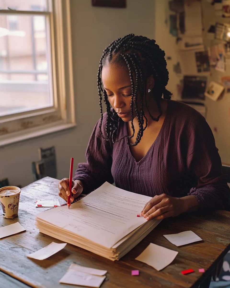 A Black woman writer marking manuscript pages with a red pencil at her kitchen table.