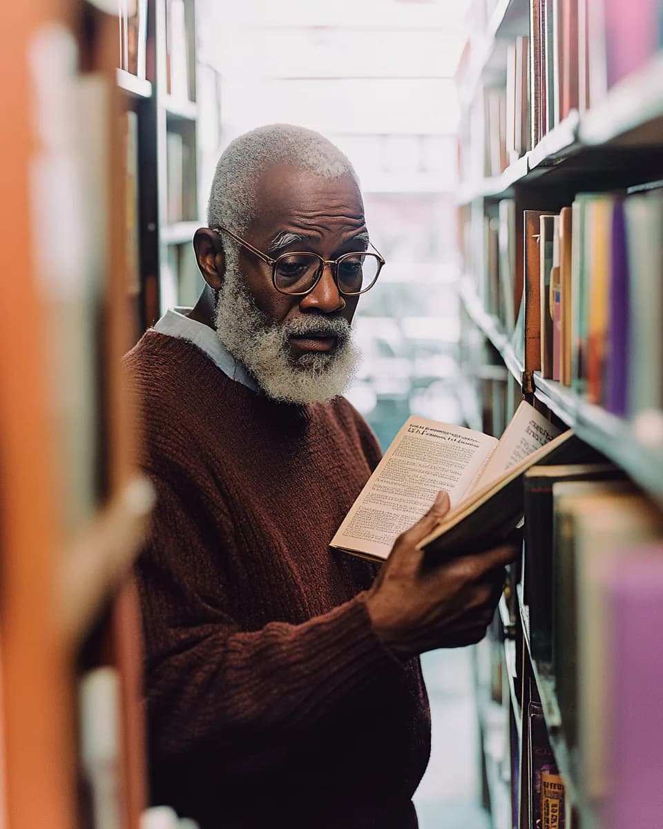 An older Black reader with a gray beard reading between the shelves of an independent bookstore.