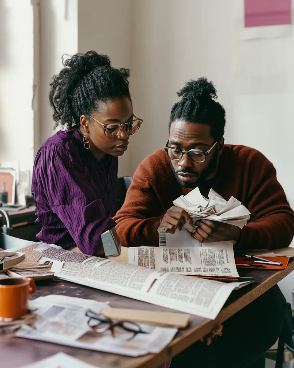 Two Black writers reviewing printed pages together at a busy studio table.