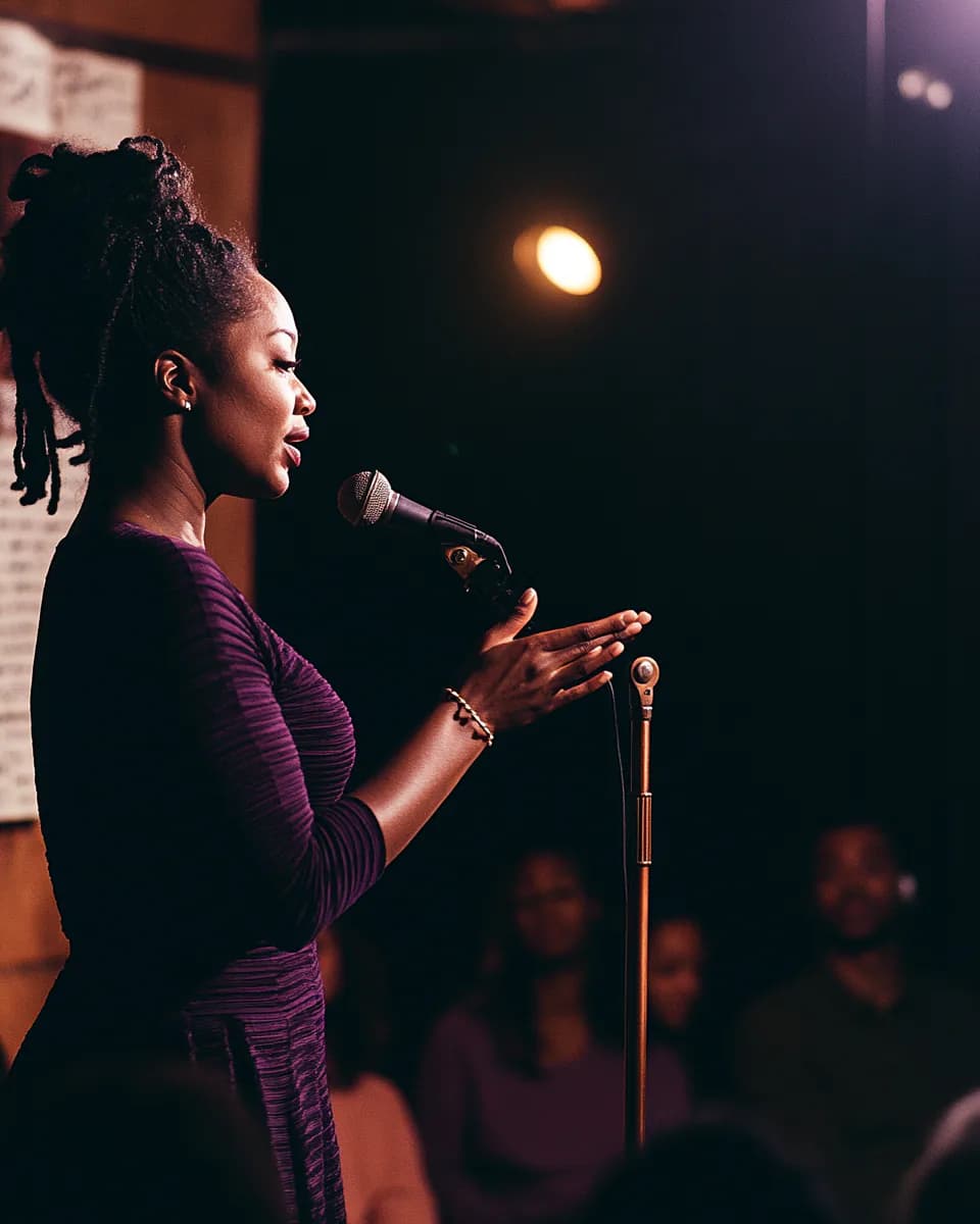 A Black woman poet gesturing at a microphone during an intimate live reading.