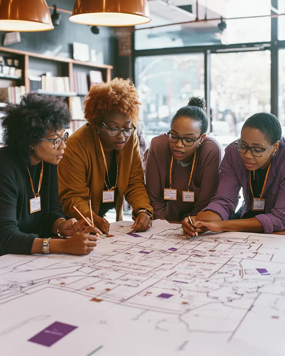 Black literary organizers working together over plans for a community event.