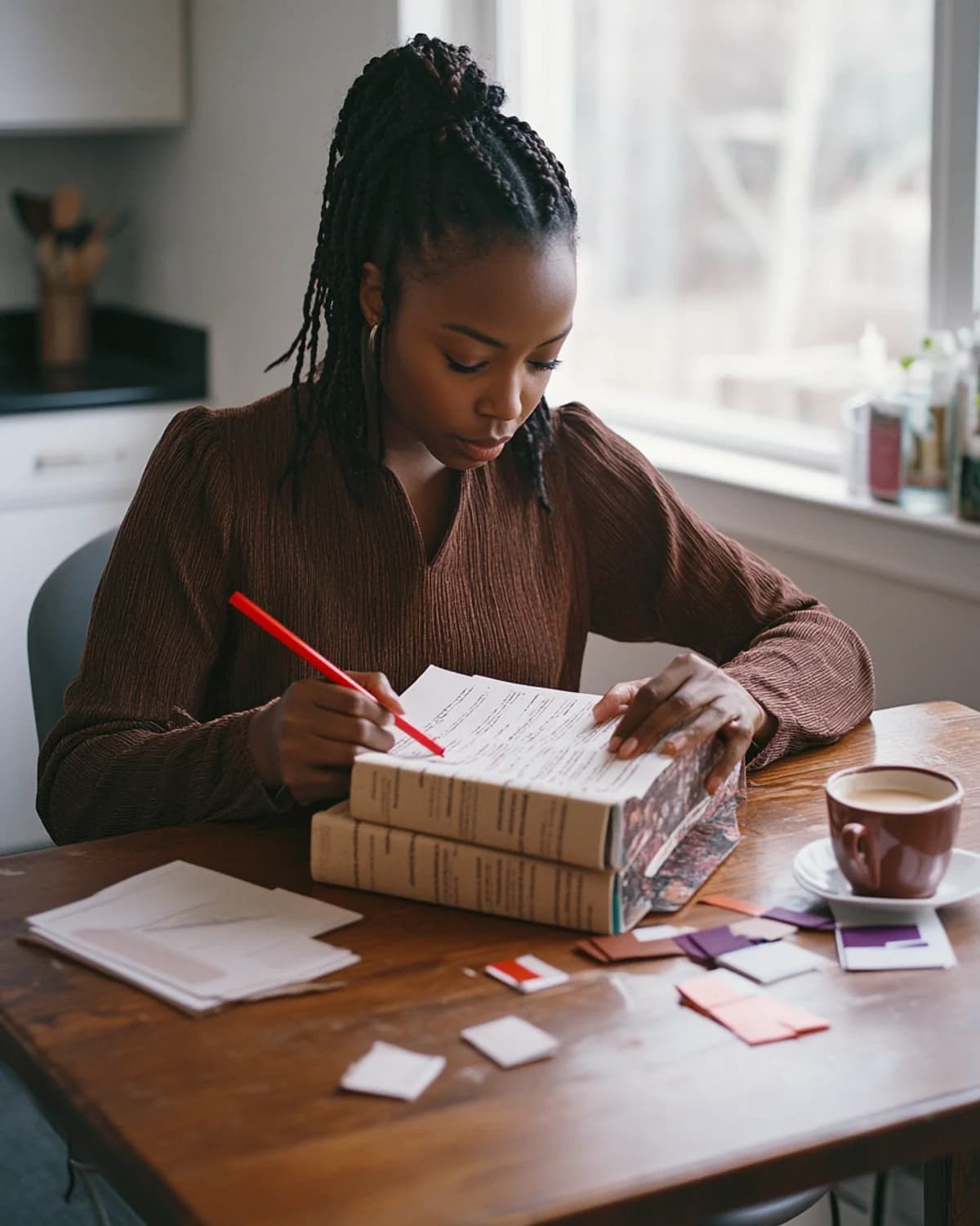 Black novelist preparing manuscript pages and membership notes at a kitchen table.