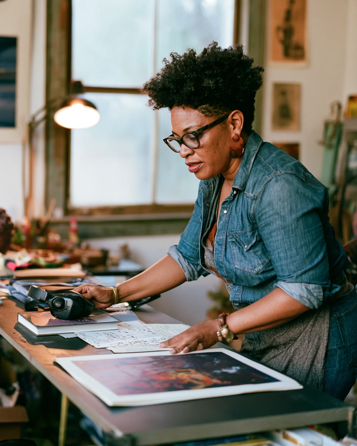Black writer and visual artist arranging books, pages, and creative tools in her studio.