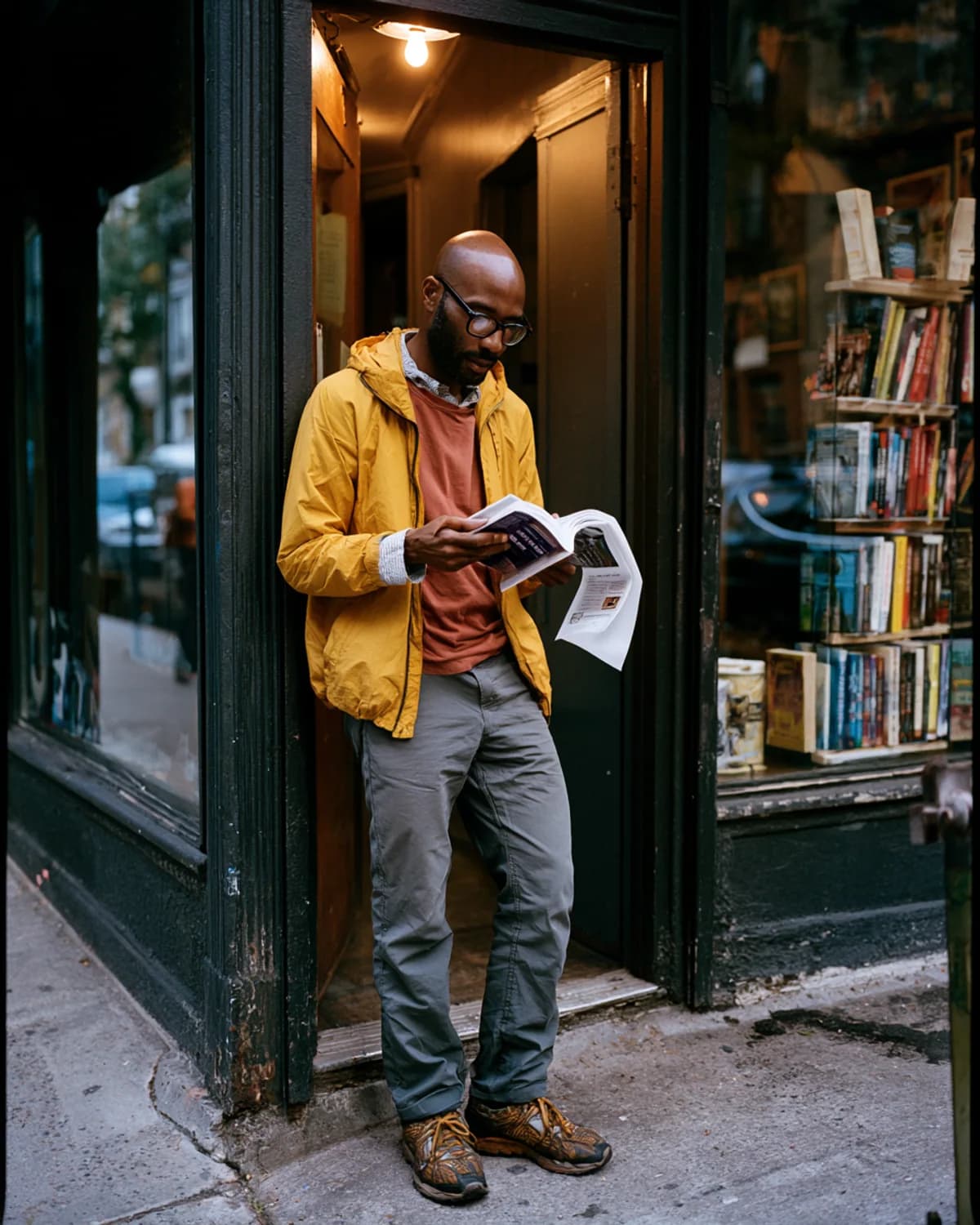 Black reader pausing outside an independent bookstore to begin a newly purchased novel.