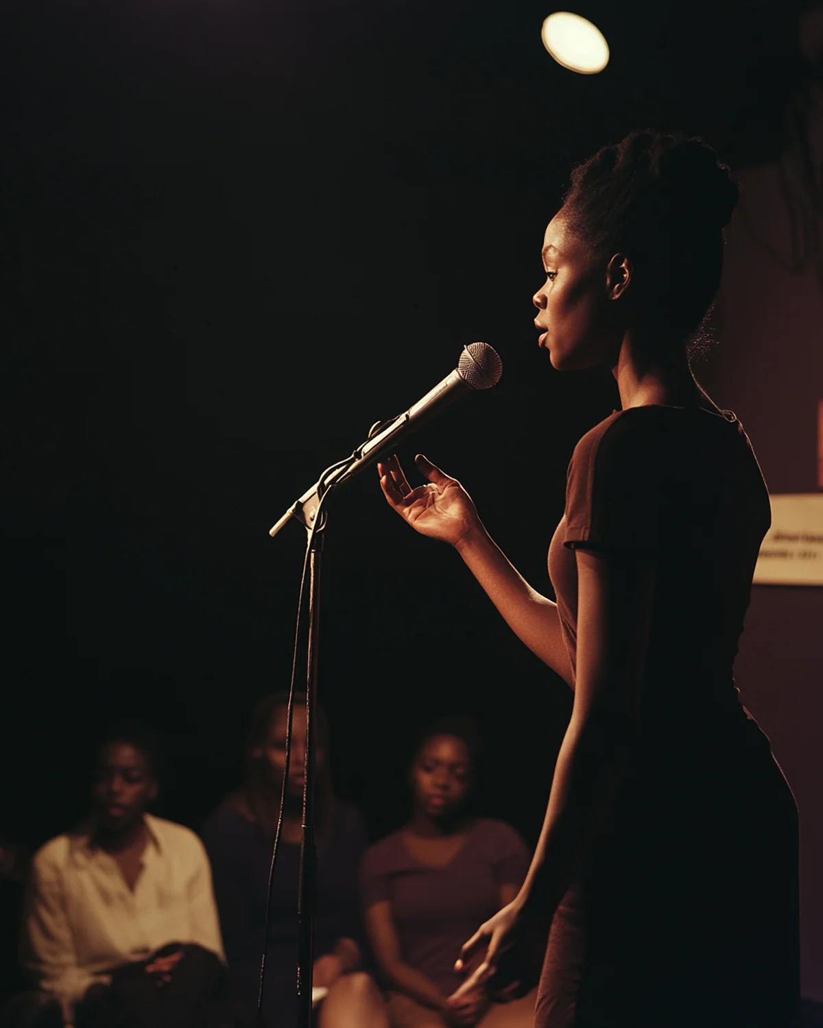 Black poet performing under a warm spotlight for an attentive festival audience.