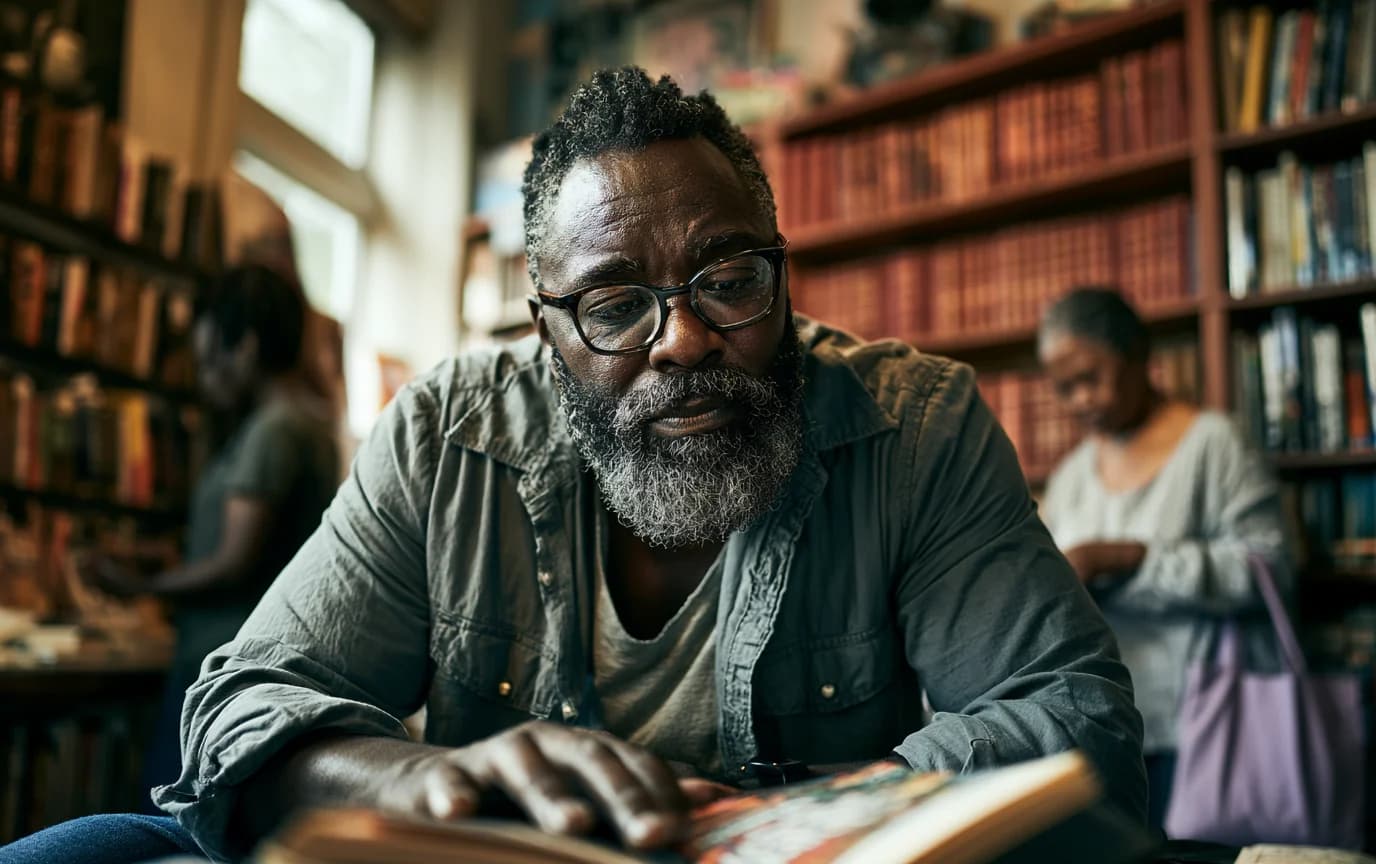 Black reader discovering a book in a sunlit independent bookstore.