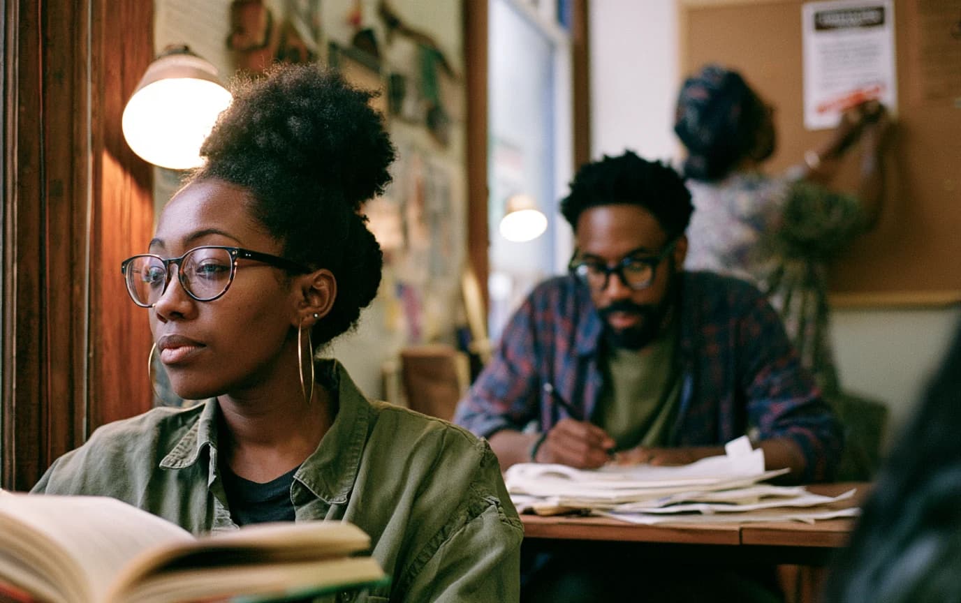A Black reader studies a novel while an author and literary organizer work nearby in a shared library studio.