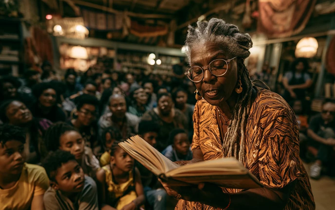 Black storyteller reading to a multigenerational audience in a community library.