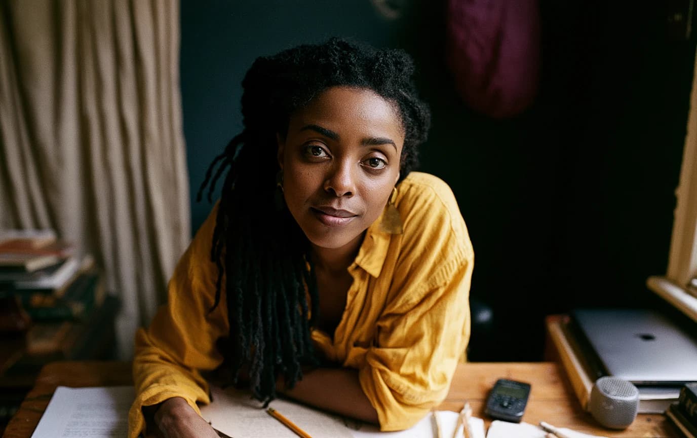 Black author revising a manuscript in a warm home writing studio.