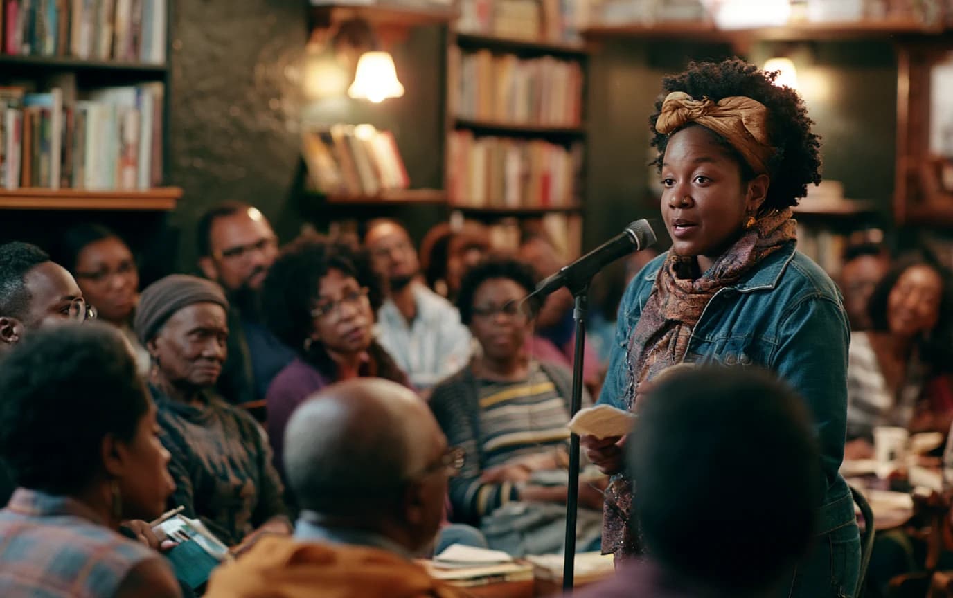 Black woman poet performing in an intimate book-lined venue for a multigenerational Black audience.