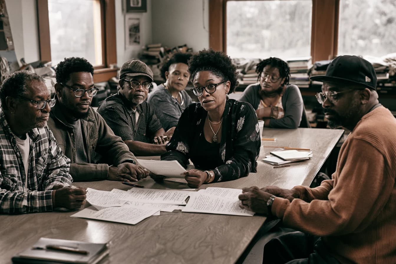 Black writers across generations exchanging manuscript pages during a community workshop.