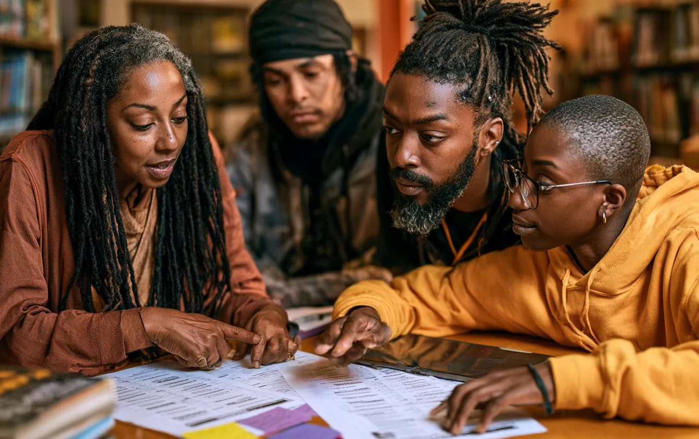 Black literary organizers planning a community program around a shared table.